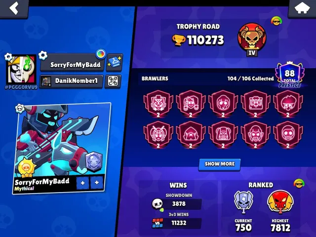 SELLING AN EXCELLENT ACCOUNT IN BRAWL STARS, 110000 trophies, 104 brawlers, 88 primes