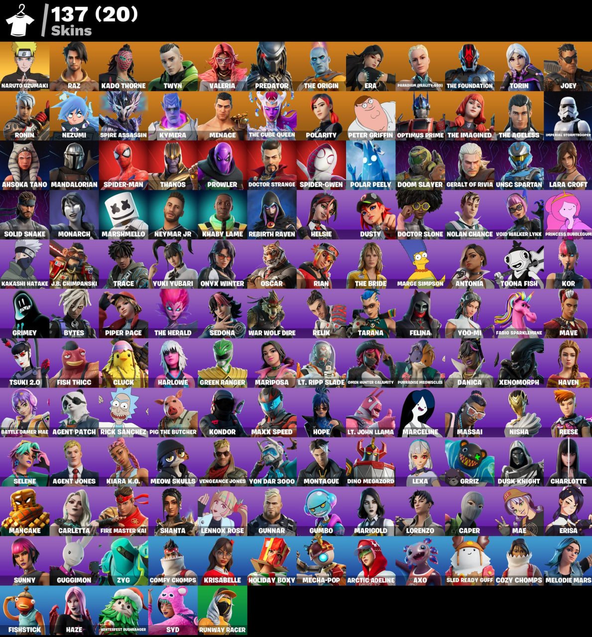 🎮 Level 2765 💰 450 V-bucks 👕 137 skins Naruto Uzumaki | Raz | Kado Thorne | Twyn | Valeria |, Sale, skins 137