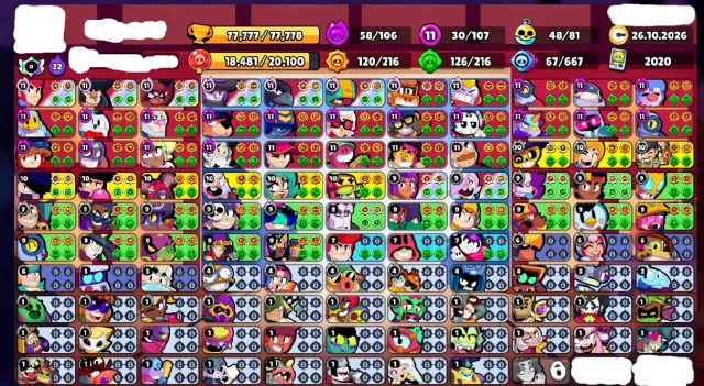 🏆77777🏆【⚡HEROINE BIBI⚡]【⚡BULL B-800⚡]【⚡30-11X POWER⚡] 【⚡MARTIAN GLORY⚡]【✅ANTIRIS✅], 77777 trophies, 107 brawlers, 55 primes