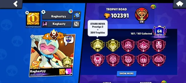 🏆 104K CUPS | TOP-100 IN THE WORLD (Star Nova) | MASTER | 600 GEMS 💙 | OG 2018-2019 + BP 1-4, 102000 cups, 107 brawlers, 64 primes