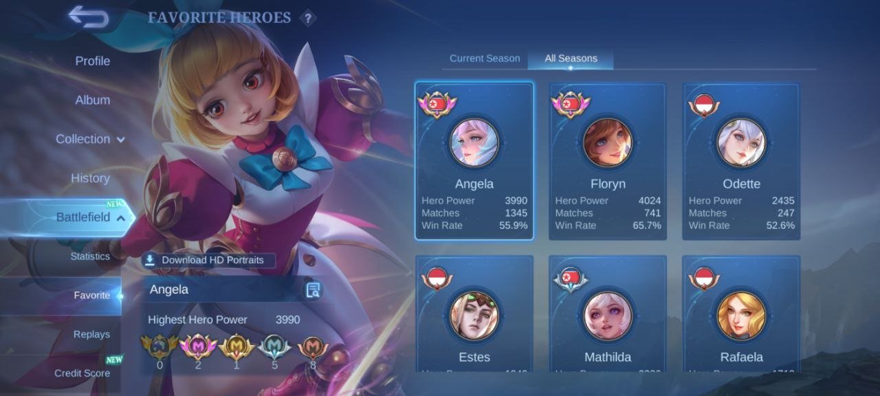 85⭐legend lunox kishin Angela Naruto kelea Prime Claude Star kagura Angela deluxe56 Angela main Hero, Sale, Rank: Mythic, Level: 85, Winrate: 52%, Heroes: 129, Skins: 338