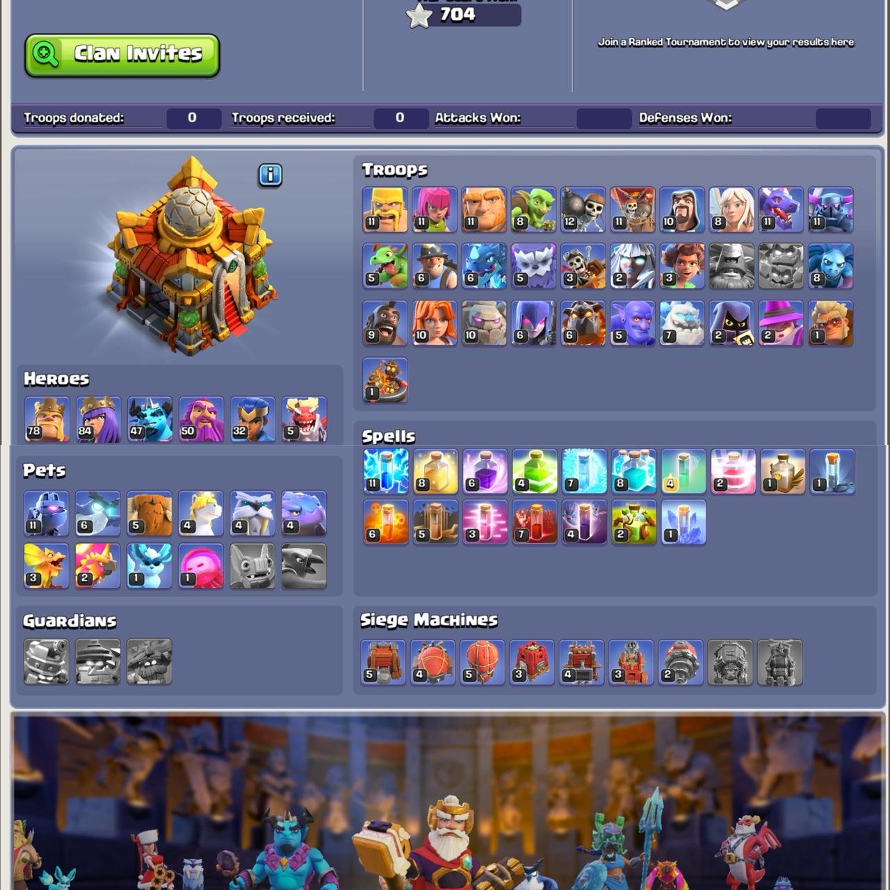 Th 16 Near Max ✦ 78-84-47-50-32 ✦ 12x Epic (5x Lvl 20-24) ✦ 421 Cwl Medals, 16 TH Main Village, 1 TH Builder