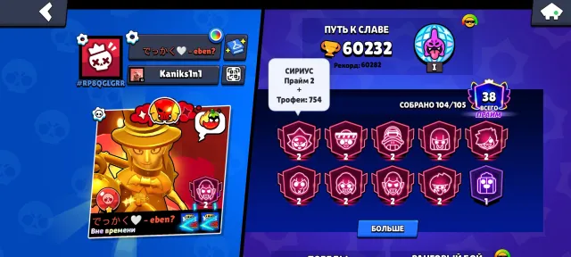 Selling main account at a discount! A lot of skins🌹💕 60k trophies, 60232 trophies, 104 brawlers, 38 primes