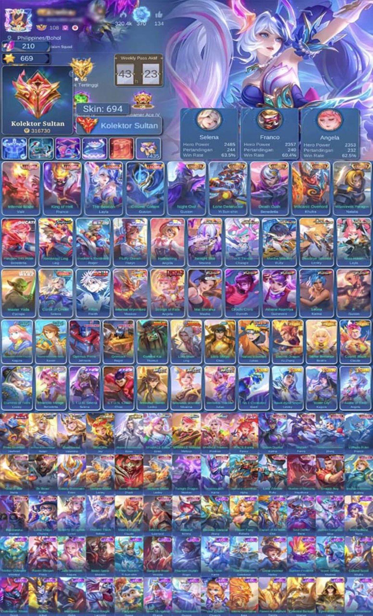 🔥WORLD 🔥⭐️60% VR⭐️👑ZENITH SELENA-SW YODA-NARUTO-KUNG FU LING👑 🥶FULL GRADUATE STUDENTS🥶, Sale, Rank: Epic, Level: 109, Winrate: 60%, Heroes: 129, Skins: 705