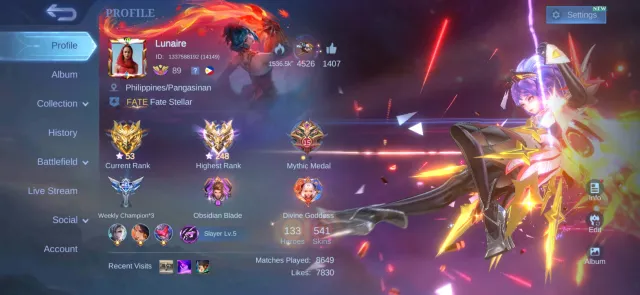 Mega Collector 1, Complete Fanny Skins with Gold Tag, Jungler Skins, Sale, Rank: Mythical Immortal, Level: 89, Win Rate: 53%, Heroes: 130, Skins: 541