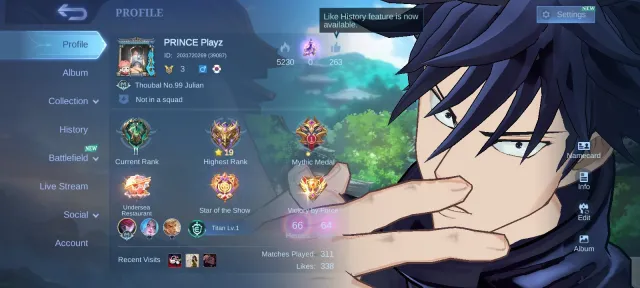 Jujutsu Kaisen Julian Megumi, Empty Twink Account, Global 🔥, Sale, Rank: Mythic, Level: 33, Win Rate: 63%, Heroes: 66, Skins: 64