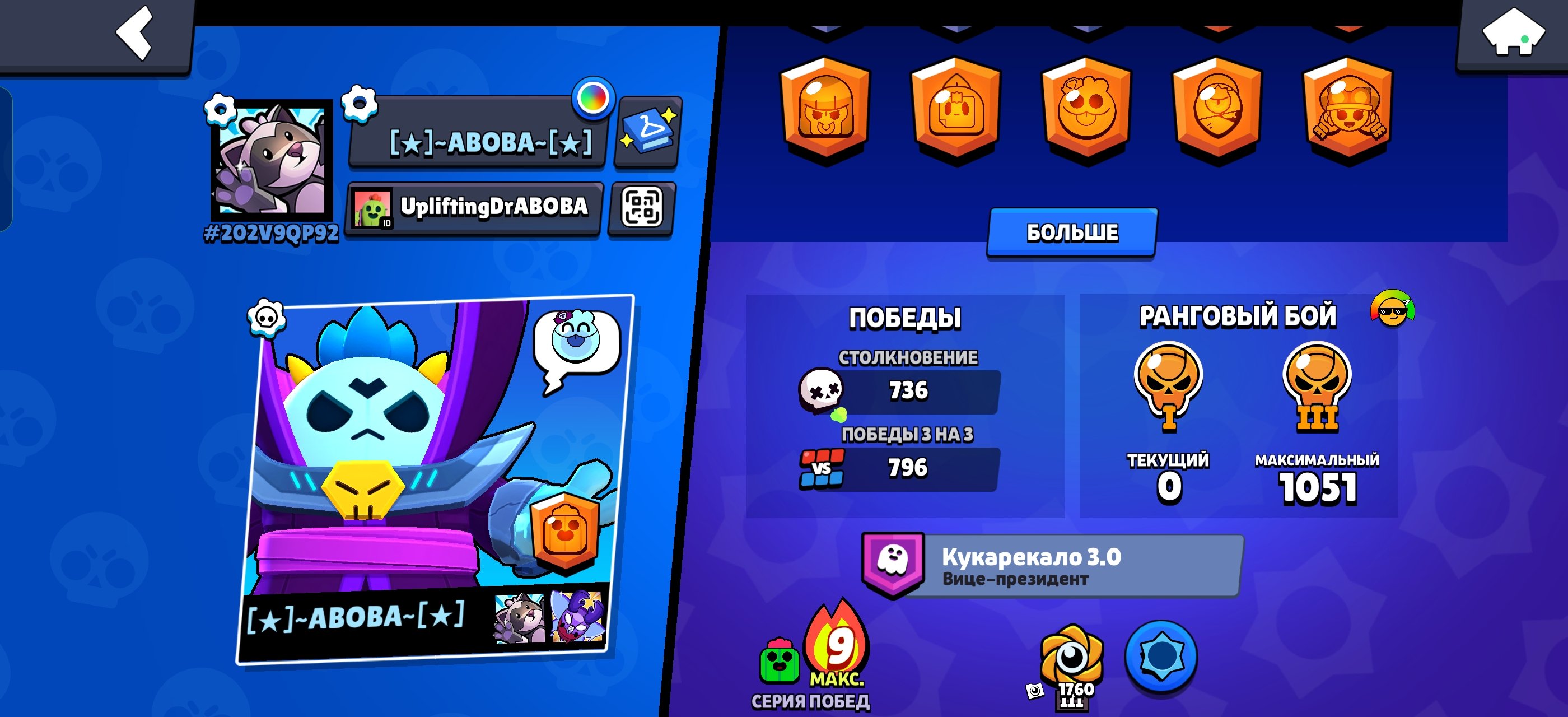 An account with few trophies and a lot of skins, trophies 12177, brawlers 68