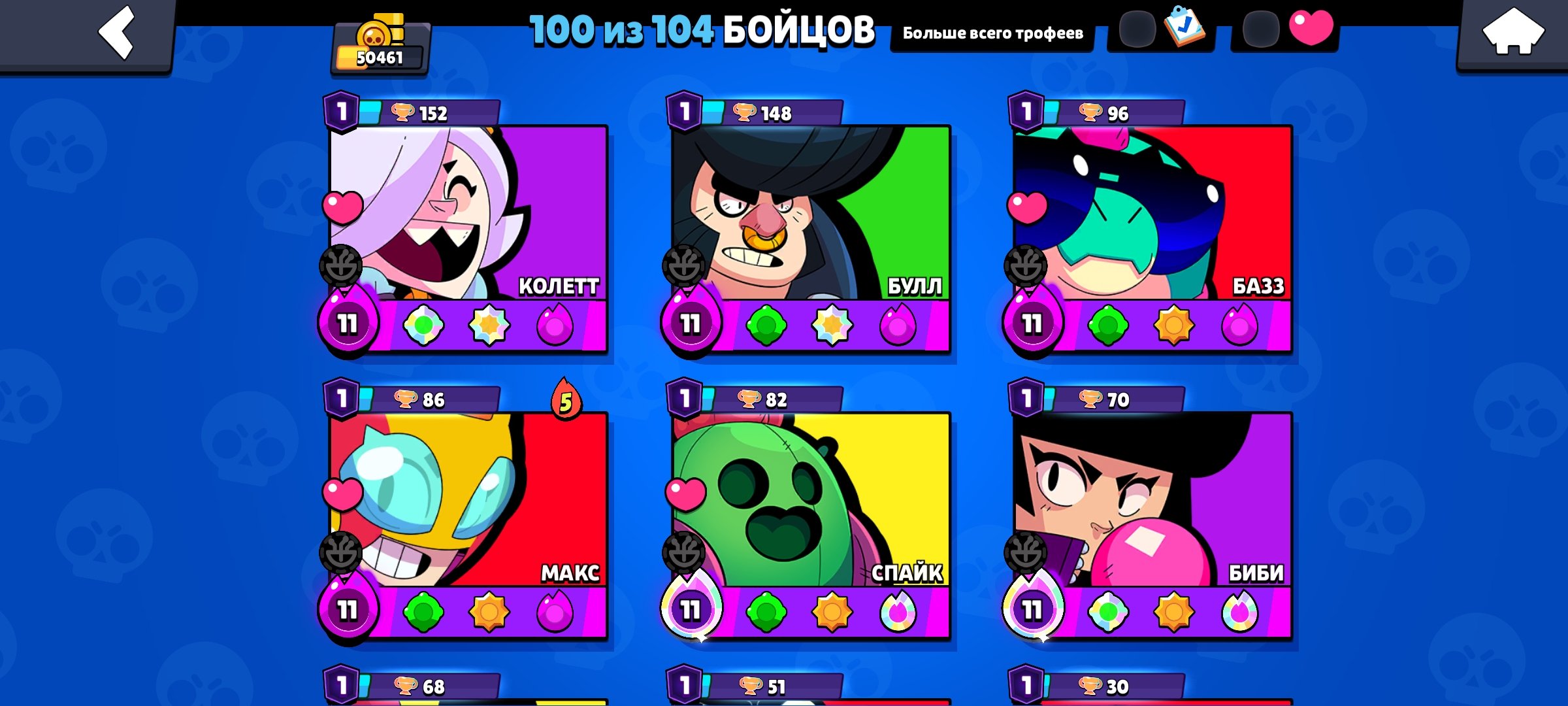 Top-tier Brawl Stars account: lots of Primes, maxed-out Brawlers, and fully maxed., trophies 50400, brawlers 100, primes 29