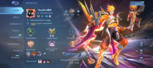 Prime Claude EPIC Harley Kagura Freya conventan Lesley lilya emblem Max, Sale, Rank: Mythic, Level: 58, Winrate: 51%, Heroes: 118, Skins: 177