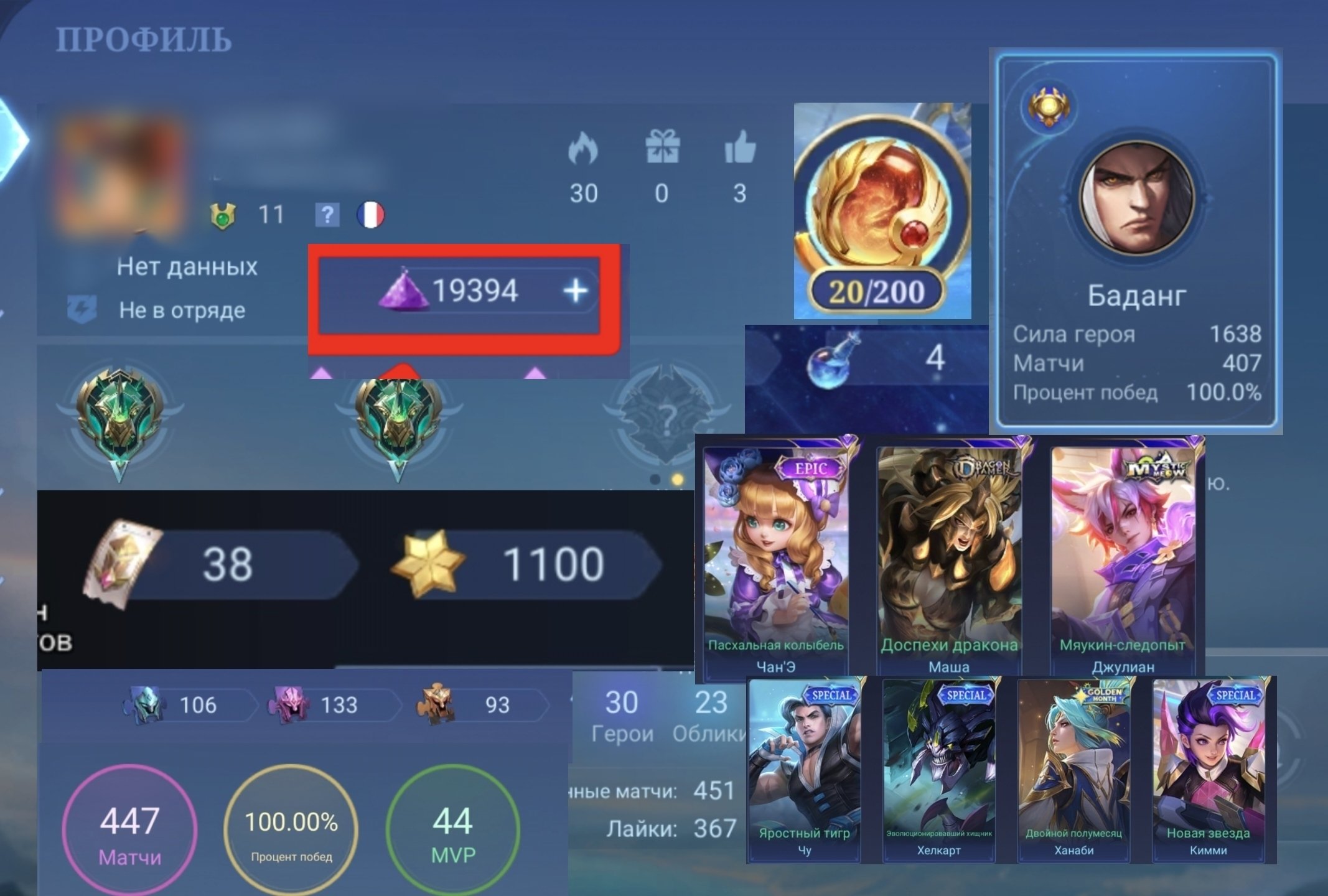 ✅ Epic account ✅ 100% win rate ✅ 30 heroes and 23 skins 🎮
