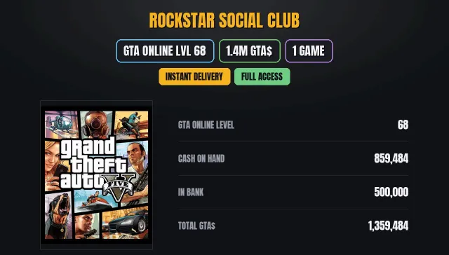【SOCIAL CLUB】 👑 【GTA ONLINE】 ✨ 【1.4M PURE CASH GTA$】 🏆 【1 игр】 🎮 Grand Theft Auto V, Продажа