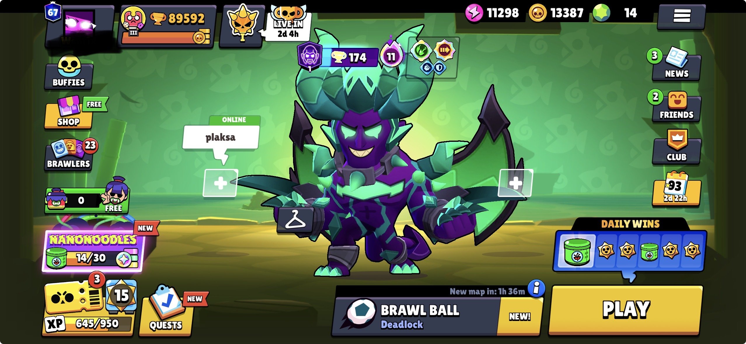 🏆89.5 Cups🏆🌟104/104 Brawler🌟👻396 SKINS👻⚡️63-11 Forces⚡️☄️Meteoric Fame I☄️SKINS ON 💎47000 gems💎, trophies 89592, brawlers 104, primes 67
