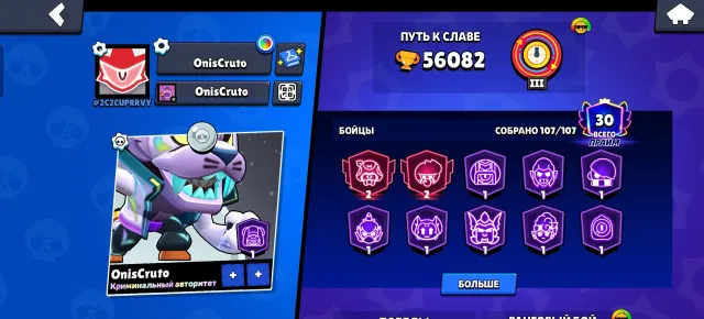 🏆 56000🏆 💟 there are purchased passes💟 👤 25-11LVL Brawlers👤 💞 Top skins 💞 ✅ Auto-delivery ✅, 56000 trophies, 107 brawlers, 30 primes