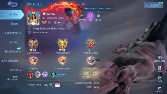 [Safe and Clean] Max. Heroes • Max. Emblems • Lots of Epic Skins | See description, Sale, Rank: Mythic, Level: 88, Win Rate: 50%, Heroes: 133, Skins: 220