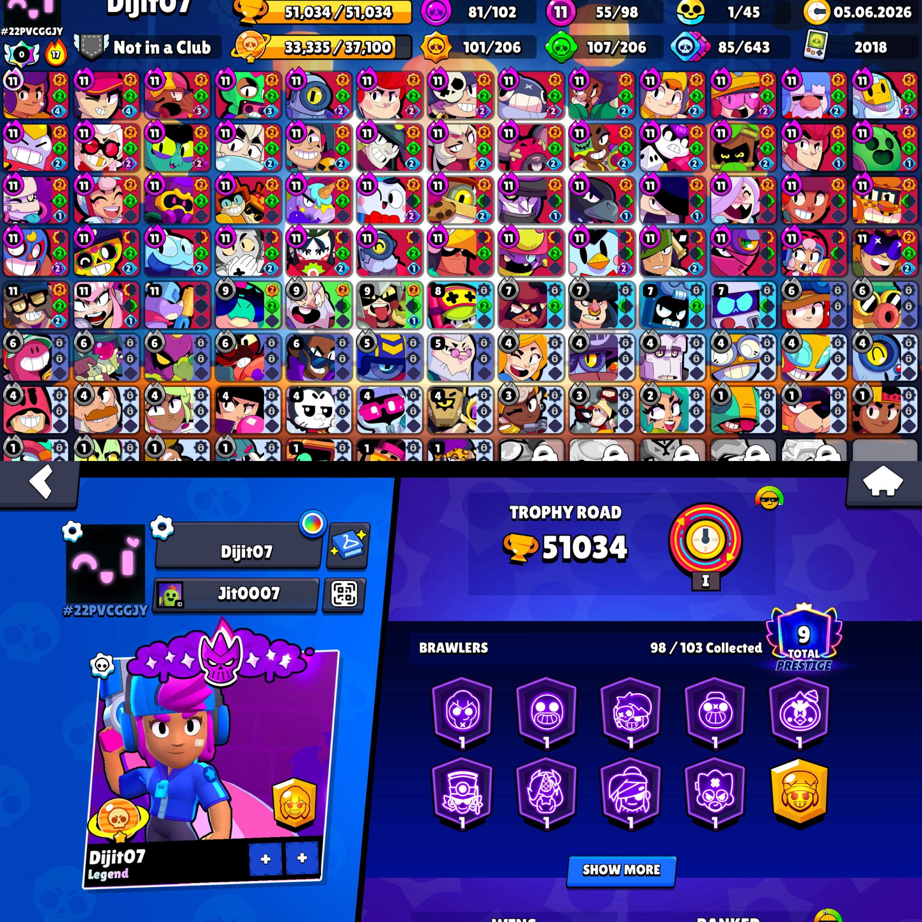56 Max Brawlers ✦ 52 Hypercharged ✦ 51k Trophies ✦ 296 Skins, trophies 51000, brawlers 98
