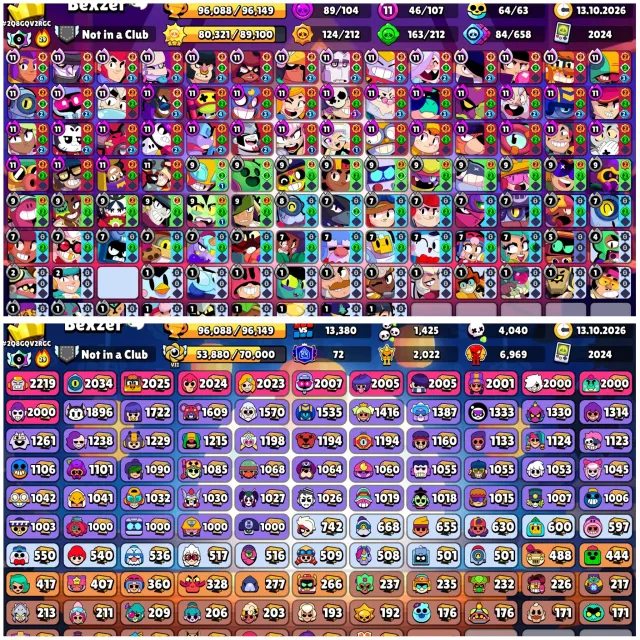 👑5X LEAGUE🔮28 MYTHICAL🎩GOLDEN MORTIS☀️SUNSHINE III GLORY👔401 SKINS🏆96.0k⚔️46-11LVL👤107/107🦖2024, 96000 trophies, 107 brawlers, 72 primes