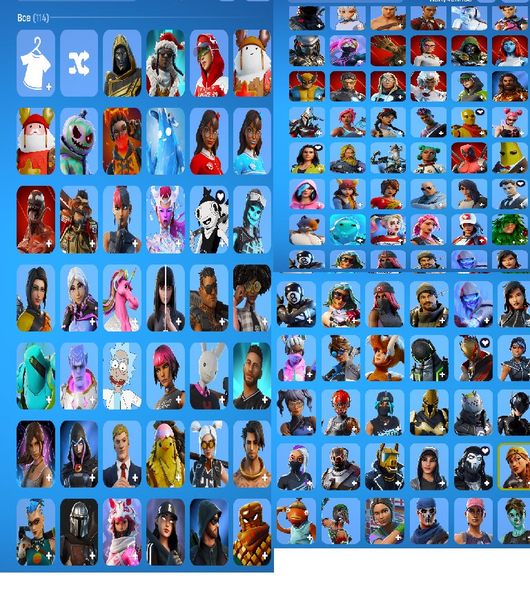 Skins ranging from Chapter 1, Season 10 to Chapter 2, Season 19, plus purchased ones., Sale, skins 114
