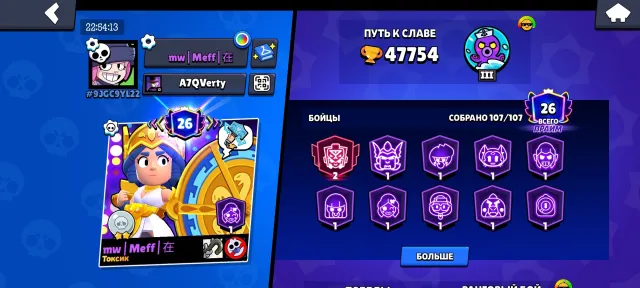 All brawlers, there are second primes, 150 gems, a bunch of skins, 48000 trophies, 107 brawlers, 26 primes
