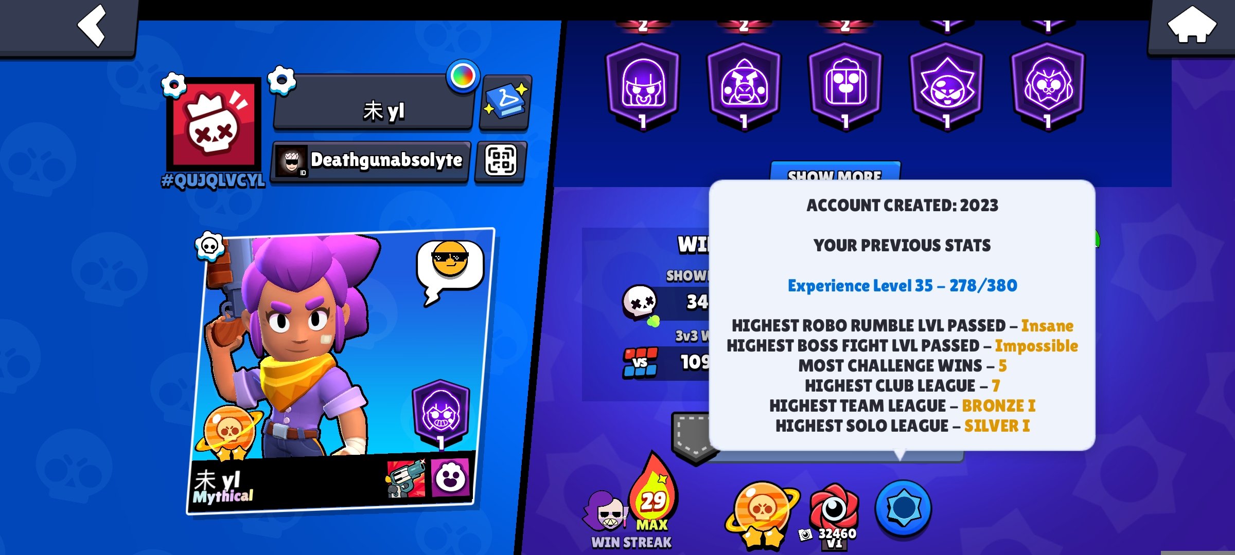🧊FAT ACC🥶270+SKINS🌬️41-11 LVL🧊38-HYPER❄️ 11-MYTH 5-LEG SKINS🥶 40 GEMS🌬️, trophies 80000, brawlers 102, primes 54