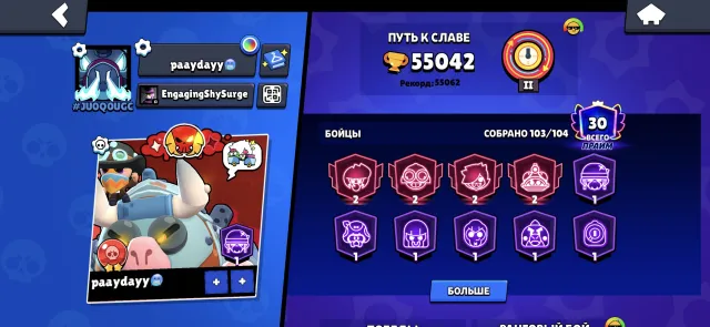 prodam akk shir, trophies 55042, brawlers 103, primes 30