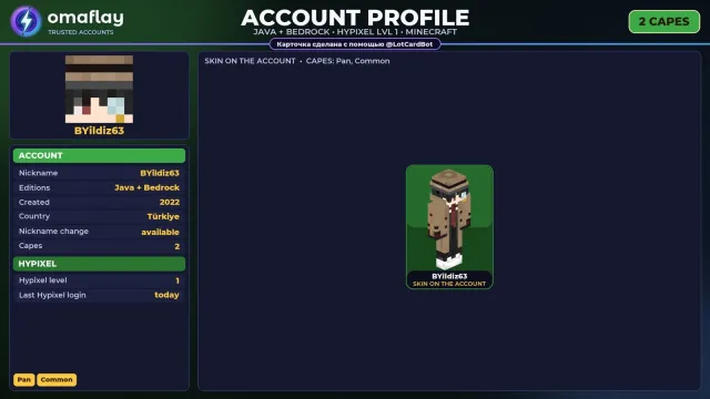 ⚡ 【MINECRAFT】 💎 JAVA + BEDROCK | 2 CAPES: Pan 💎 FULL ACCESS | NO BAN HYPIXEL (1 LVL) #4EWA3S, Sale, All account data