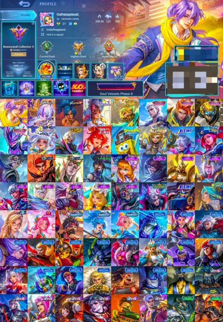 High WR, Valentine Lancelot, Aspirant Vexana, Prime Granger, Luckybox, Covenant, Global 🔥, Sale, Rank: Mythic, Level: 57, Winrate: 76%, Heroes: 100, Skins: 176