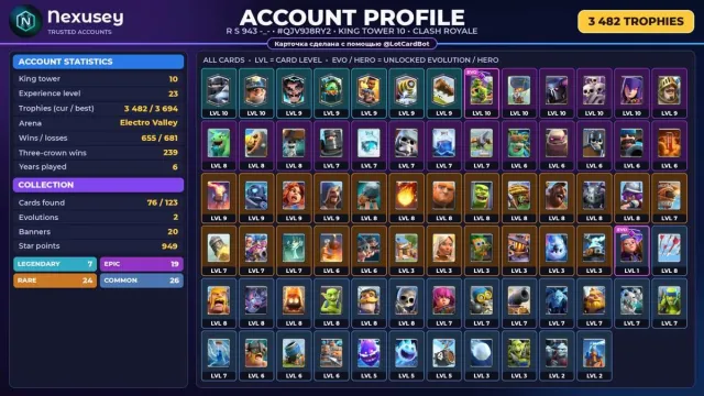 🚀 ⟦ CLASH ROYALE ⟧ 2 EVO ✦ 0 CHAMP. ✦ 3 482 🏆 ✦ KING 10 ✨ #3E3MEK, 11 arena, 23 level, 3482 trophies, 76 cards, 7 leg, No