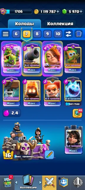 Personal account, 7 years of play, 32 arena, level 1706, 14151 trophies, 122 cards, Available