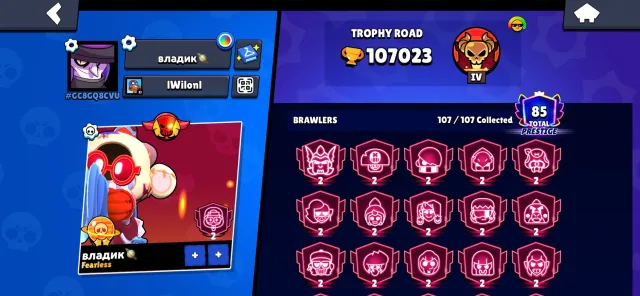 Fat account 1000+ hours, 10700 trophies, 107 brawlers, 85 primes