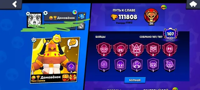 Account has 411 gems, 40000 coins, and many many skins, 111808 trophies, 107 brawlers, 107 primes