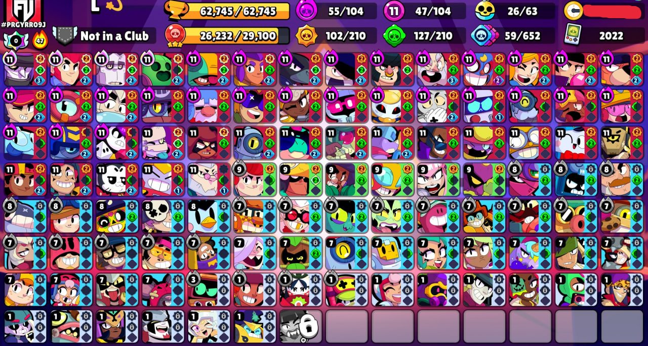 😍𝑃𝑢𝑚𝑝𝑖𝑛𝑔💎🏆𝟔𝟐𝟕𝟒𝟓 cups🏆🥊𝟏𝟎𝟒/𝟏𝟎𝟒 brawlers🥊🌈𝟐𝟔𝟔 skins ≈𝟐𝟓K gems🔥✅𝟒𝟕 x11 POWER✅, trophies 62745, brawlers 104, primes 33