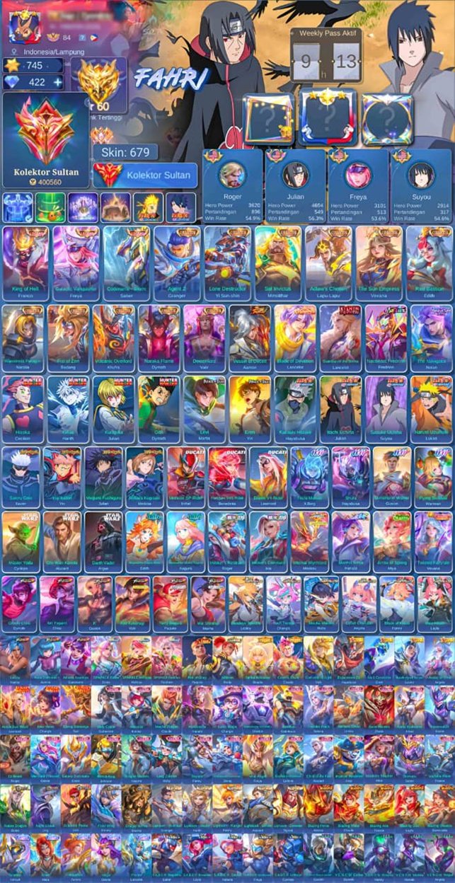 🔥WORLD🔥💎FULL - HxH - DUCATI - 11:11💎🔴FULL KOF - ASPIRANTS🔴⭐️12 COLLECTOR⭐️💎- STAR WARS (3)💎, Sale, Rank: Mythic, Level: 84, Winrate: 52%, Heroes: 133, Skins: 679