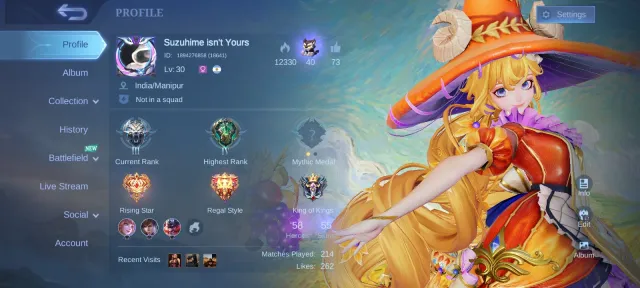 Seasons Florin, Mystic Meow Sylvana, Golden Hanabi, MPL Kadita Wanwan, Max Emblem, Global 🔥, Sale, Rank: Epic, Level: 30, Win Rate: 73%, Heroes: 58, Skins: 55
