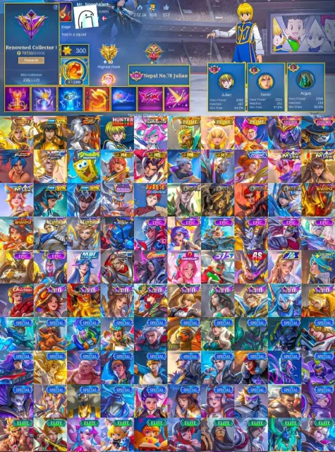 🎭 Xavier Collector 👁️ Aamon Soul Vessel ⚔️ Julian Kurapika ⚖️ Chou Golden Libra ⭐ 3x Prime Skins, Sale, Rank: Mythic, Level: 68, Winrate: 60%, Heroes: 102, Skins: 235