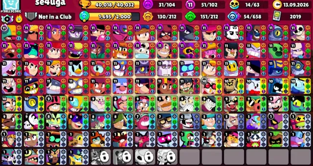 👑40K✨102/106🏆51 11 POWER🧙♀️WITCH SHELLY🎸BAD BUZZ🥋FRENZIED FANG💀CALAVERA PIPER🎫OLD🤖AUTO-DELIVERY, 40018 trophies, 102 brawlers, 11 primes