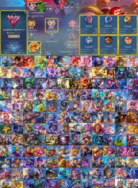 💎 Exalted 4 🥊 Valir KOF 🥊 Paquito KOF 💎 Silvanna Collector 🎀 Claude 🎯 Granger Prime 🎯, Продажа, Ранг: Мифический Бессмертный, Уровень: 116, Процент побед: 55%, Герои: 133, Облики: 362