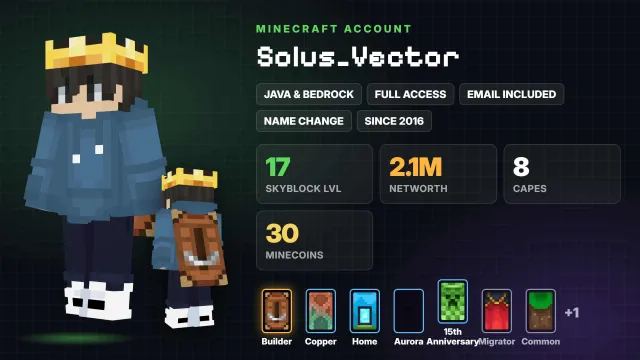 🌱 SkyBlock 17 level 💰 2.1M Networth 🦸 Cloaks (8): Builder, Copper, Home ✅ Java & Bedrock & full access, Sale, All account data