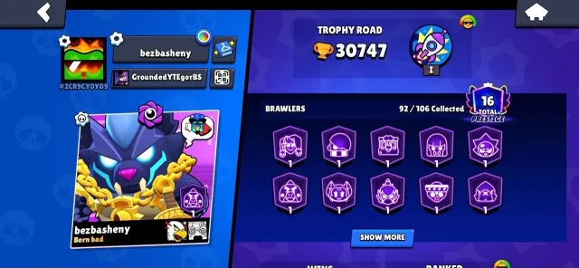 ACCOUNT WITH 675 💚GEMS💚 AND 95K 💜BLINGS💜 +35K POWER POINTS AND 76K 💛COINS💛, 30747 trophies, 92 brawlers, 16 primes