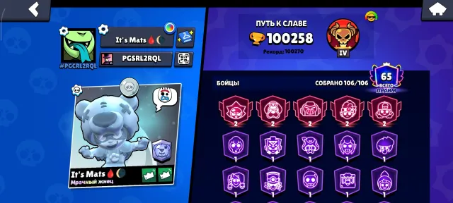 Very good account, I have been playing since 2020, there are a lot of old skins, and I had 30 ranks, 100000 trophies, 106 brawlers