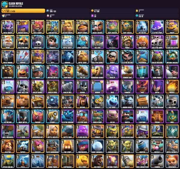 Level 13 King 👑 120 cards 👑 7 EVO CARDS 🏆 1×Level 14 🎮 11×Level 12 👑 19×Level 11 👑 41×Level 10 🎯 39×Level 9, 19 arena, 13 level, 7267 trophies, 120 cards, No