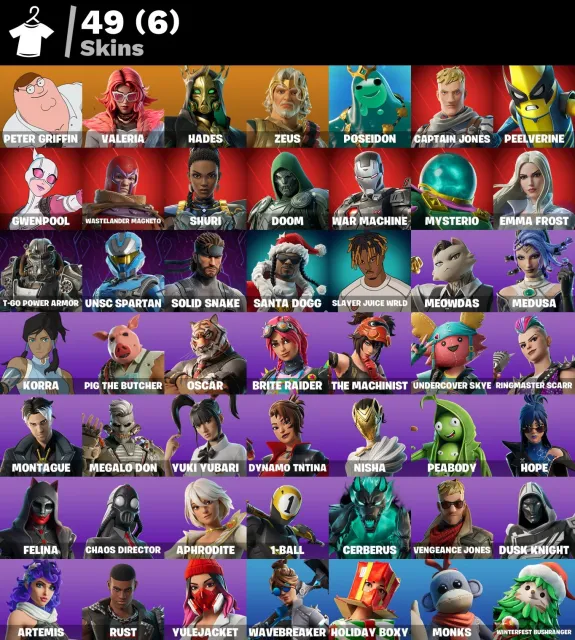 👕 49 skór 🎮 1347 Poziom 💰 0 V-bucks 💰 Peter Griffin | Valeria | Hades | Zeus | Poseidon |, Sprzedaż, skór 49