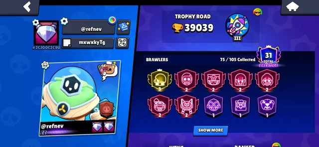 🔸3 FAT ACCOUNTS IN 𝗕𝗥𝗔𝗪𝗟 𝗦𝗧𝗔𝗥𝗦, 𝗖𝗟𝗔𝗦𝗛 𝗥𝗢𝗬𝗔𝗟, 𝗖𝗟𝗔𝗦𝗛 𝗢𝗙 𝗖𝗟𝗔𝗡𝗦🔸[ DESCRIPTION], trophies 39039, brawlers 75, primes 31