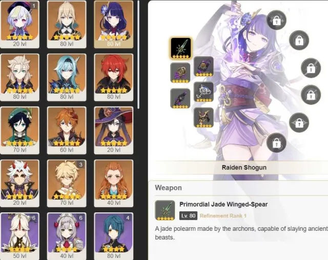 AR45 13 legendary+35characters+characters+Raiden+Diluc+Eula+Albedo+Jean+Qiqi+Mona+Arataki+C6 Noëlle, Любая платформа, Почта привязана, Люмин, Прокачанный, AR 45