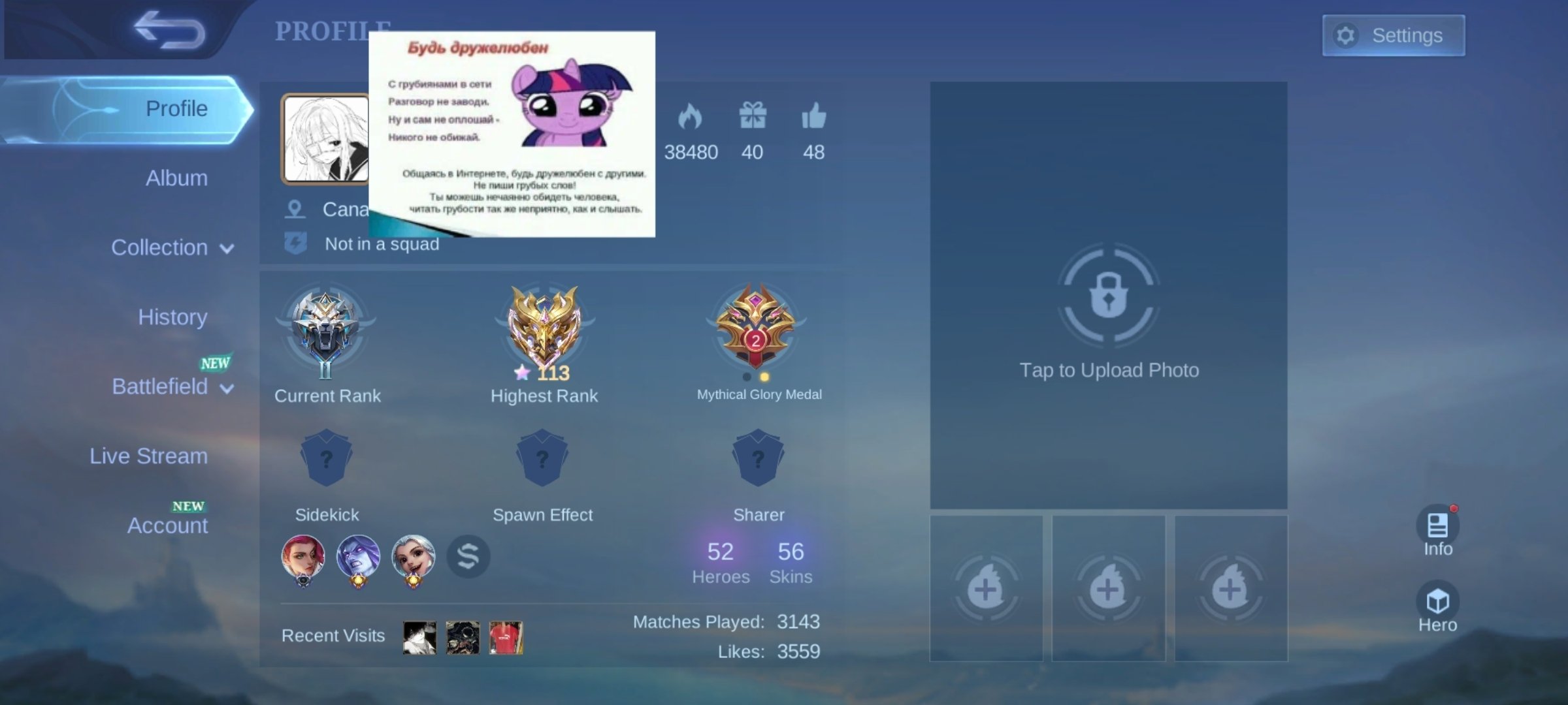 113 stars, Sale, Rank: Mythical Immortal, Level: 38, Winrate: 52%, Heroes: 52, Skins: 56