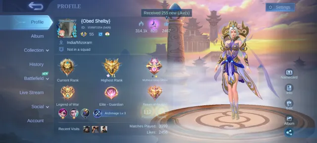 KOF Karina, Collector, Lucky Box Selena, Mystic Meow, Max Emblems, Global 🔥, Sale, Rank: Mythical Glory, Level: 85, Win Rate: 51%, Heroes: 112, Skins: 211