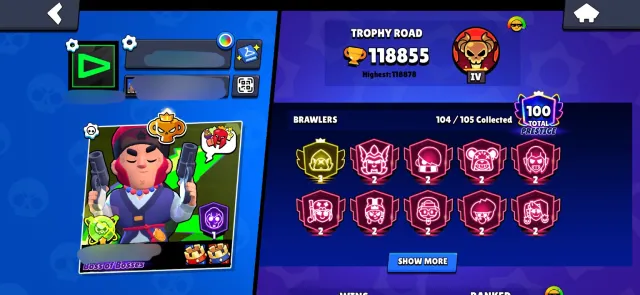 Pro Rank, Mandy matcherino winner pin, СИНИЙ И КРАСНЫЙ КОРОЛЬ ФРАНК, 118000 кубков, 105 бравлеров