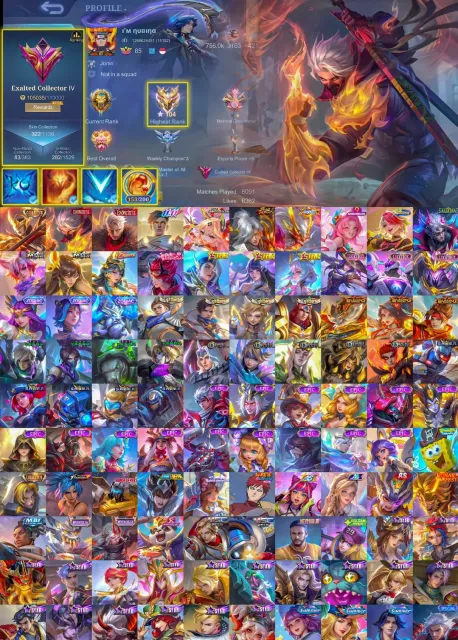 Haya Yu zong exo🔥Aamon soul vessel🔥Guni aspirant, Продажа, Ранг: Легенда, Уровень: 85, Процент побед: 53%, Герои: 130, Облики: 322