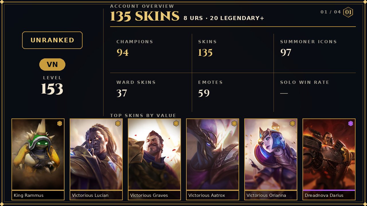 🌸135 skins + 94 champions🎀1744 BE🎀King Rammus🎀Victorious Graves🎀Victorious Orianna🎀Victorious Aatrox, Sale, champions 94, skins 135, Unranked