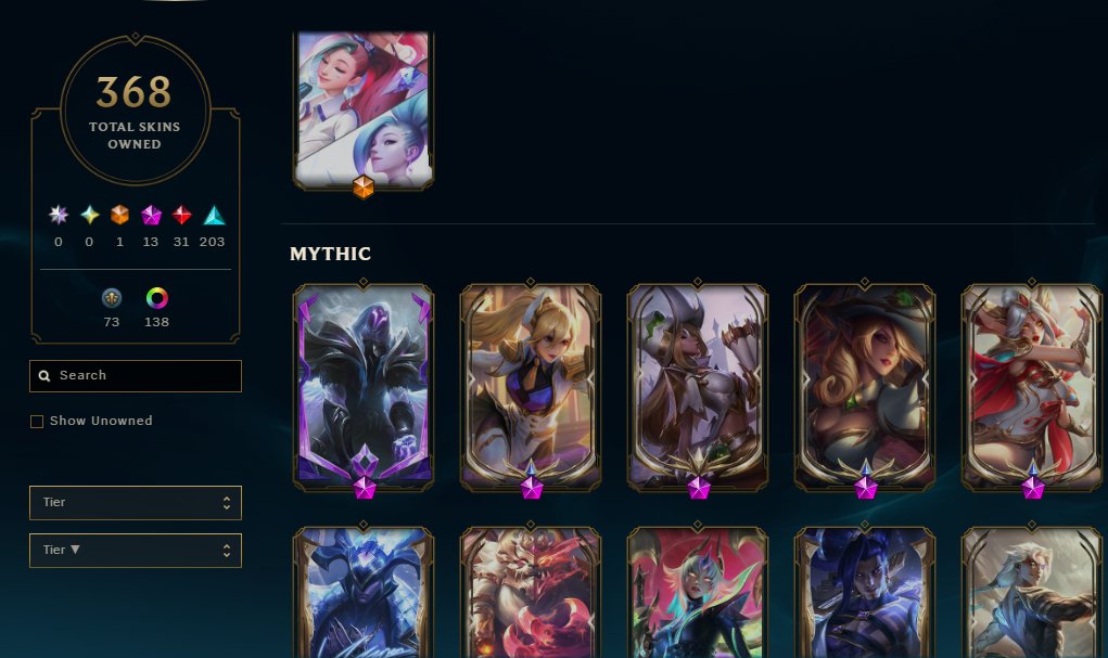 💯AUTO Delivery💯368 skins + 173 champions ☝️147K BE🏆300 Mythic essence🔥1260 RP, Sale, level 578, champions 173, skins 368, Unranked