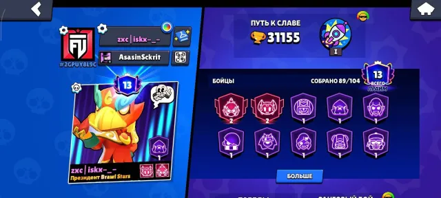 A fast account is for sale, you won’t find a lower price; the account has been active since 2019, trophies 31155, brawlers 89, primes 13
